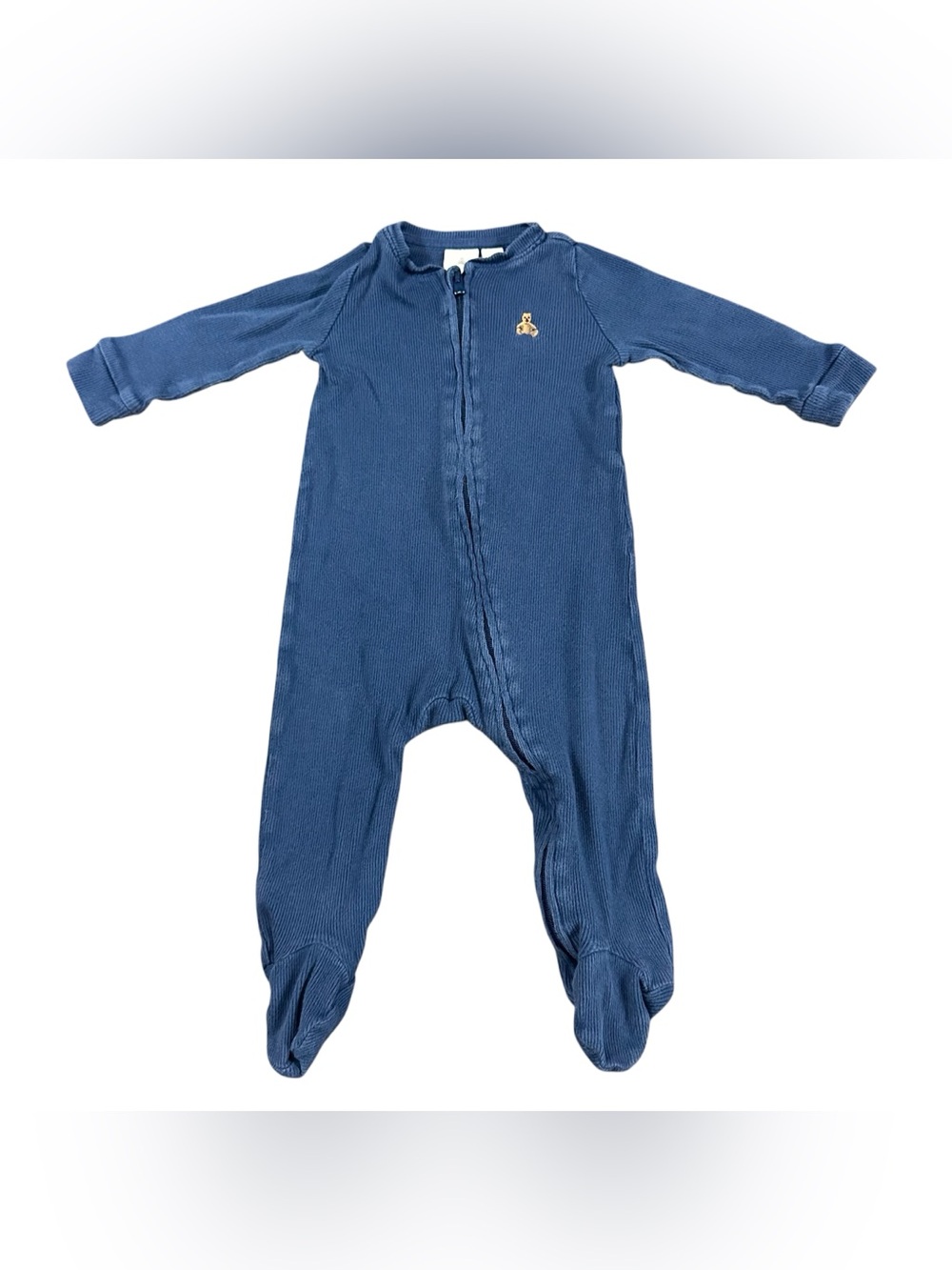Baby Gap 6-9 Months Blue Ribbed Cotton Footed Sleeper Teddy Bear Zip Pajamas
